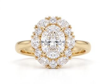 Oval Cut Halo Engagement Ring, 2.25 CT Moissanite Wedding Band in 14K Gold