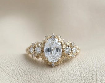 Oval Moissanite Engagement Ring, Antique Pave Setting, Solid Yellow Gold Vintage Bridal Ring