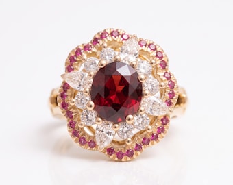 1.5 Carat Oval Ruby Halo Ring, Vintage Inspired Diamond, Yellow Gold Bridal Statement Ring