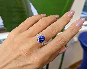 Oval Tanzanite Engagement Ring, Floral Diamond Accents, 18K White Gold Vintage Ring