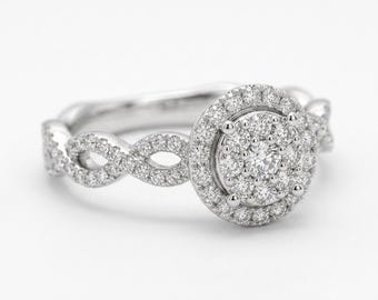 14K Gold Engagement Ring, Pave Bridal Wedding Band,Round Halo Ring