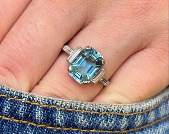 3 Carat Blue Moissanite Engagement Ring, Antique Three Stone 14K Gold Baguette Vintage Ring