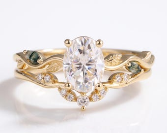 Oval Cut Moissanite Engagement Ring Set, Nature Inspired Leaf Band, 14K Gold Bridal Set
