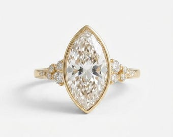 Marquise Cut Moissanite Engagement Ring, 14K Gold Bezel Set Diamond, Vintage Promise