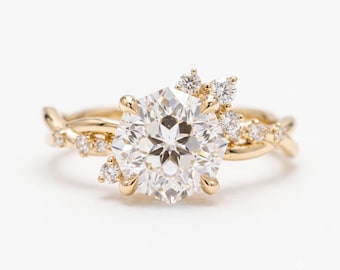 2.5 Carat Round Cut Diamond Engagement Ring, Solid Yellow Gold Floral Vine Bridal Ring