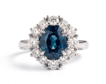 Oval Blue Diamond Halo Ring | White Gold Engagement Statement Ring