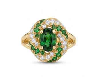 2CT Oval Green Moissanite Engagement Ring 14K Gold Halo Vintage Bridal Ring