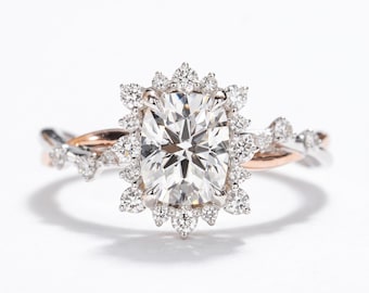 1.75 Carat Cushion Cut Diamond Halo Ring, 14K Gold Floral Twisted Band Bridal Ring