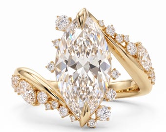marquise Diamond Engagement Ring, Twisted Pave Gold Band, Solitaire Bridal Jewelry