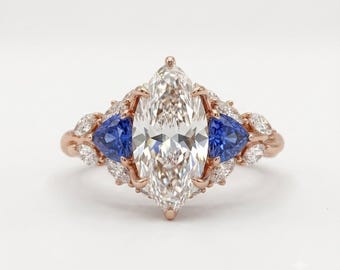 3CT Marquise Cut Moissanite Engagement Ring Blue Halo Pave 14K Gold Bridal Anniversary Ring