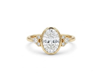 Oval Cut Lab Grown Diamond Engagement Ring, 14K Gold Bezel Setting Bridal Ring