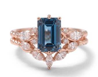 Emerald Cut Blue Gemstone Ring, Rose Gold Floral Halo, Statement Wedding Ring