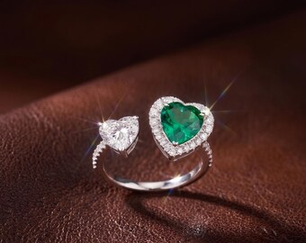 Heart Emerald Diamond Ring, 14K White Gold Open Wrap, Toi et Moi Anniversary Gift