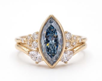 Marquise Blue Diamond Engagement Ring, 2.25ct Halo Gold Vintage Statement Jewelry