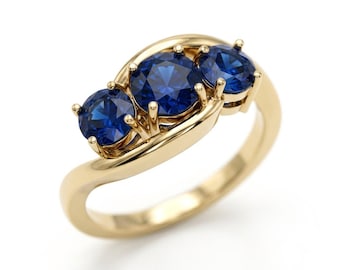 Blue Sapphire Three Stone Ring, Vintage Gold Engagement Bridal Ring