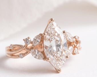Marquise Diamond Engagement Ring | Leaf Inspired Halo, Solid Gold, 2.25 Carat Statement Jewelry
