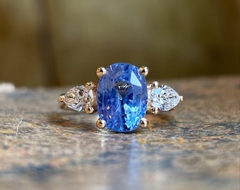 Oval Cut Blue Diamond Three Stone Engagement Ring, Yellow Gold Bridal Jewelry
