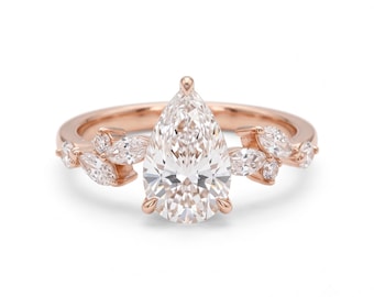 2.5 Carat Pear Cut Diamond Engagement Ring, Floral Side Diamonds, 2.65g Gold Bridal Ring