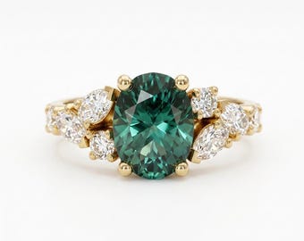 Oval Green Moissanite Engagement Ring, Floral Leaf Design, Vintage Gold Bridal Ring