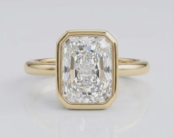 Emerald Cut Lab Diamond Engagement Ring, 14K Gold Bezel Setting, Moissanite Wedding Band