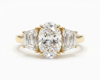 3 Carat Oval Moissanite Engagement Ring, 14K Gold Three Stone Bridal Ring