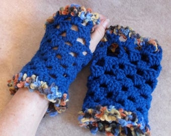 Fingerless Glove Hand-warmers Open Crochet Blue Colorful Trim