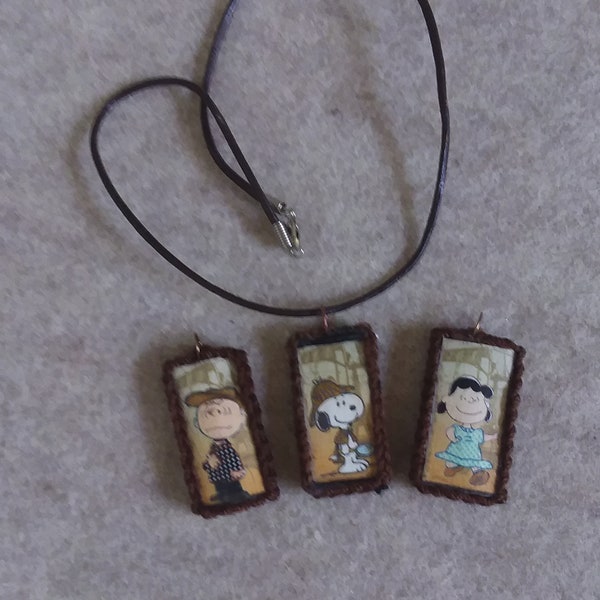 Peanuts Pendants Snoopy Charlie Brown Lucy: mixed media, paper mache' & crochet pendants