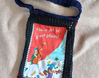 Crochet Carry All Tote, Market Bag, Your off to great Places applique'