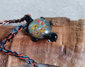 Speckled glass Turtle crochet chain pendant Necklace black orange blue