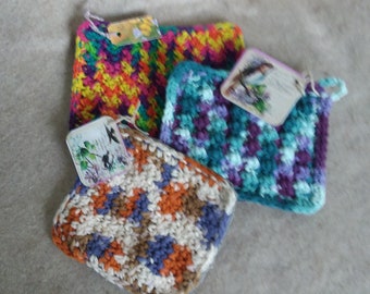 Up-cycled Recycled Denham Yarn Pot-holders: varied colors & sizes