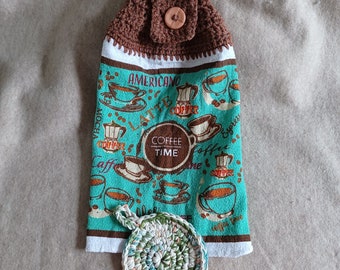 Small Coffee Time crochet hanging Kitchen Hand-Towel w/mini pot-holder
