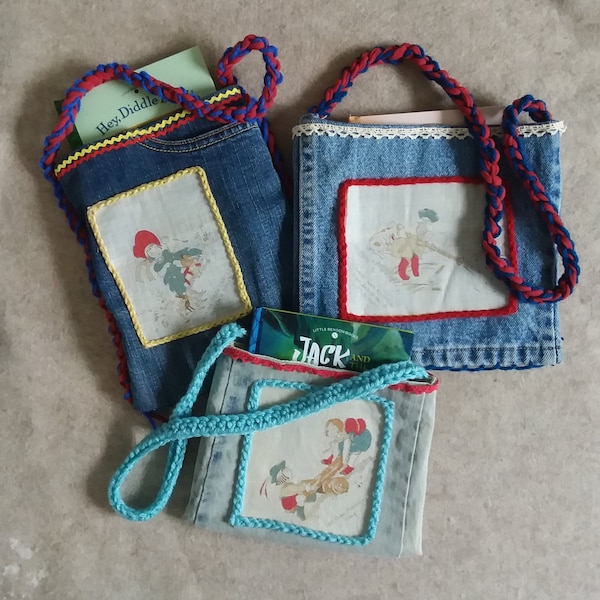 Recycled blue-jean Vintage Hanky nursery rhythm book Tote Bags (includes a little book)