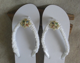 White Boho Wedding Flip Flop Sandals: crochet vintage jewelry clip-ons/bonus  (large adult)