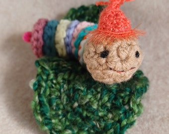 Crochet Worm Plush Toy Happy Hat Worm and green resting pad