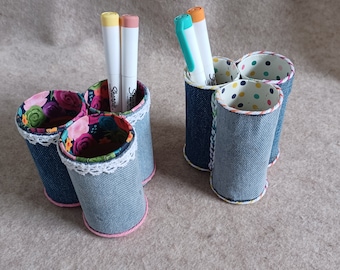 Recycled denim pen/pencil/marker/crochet hook desk Holder