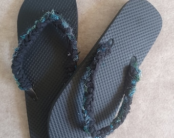 Flip Flop Sandals: black w/blue & silver highlights  (large adult 9/10 size)