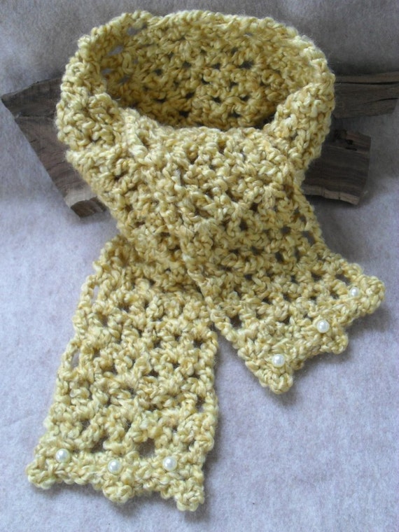 Yellow Spring Scarf  Crochet  light weight Beaded-ends