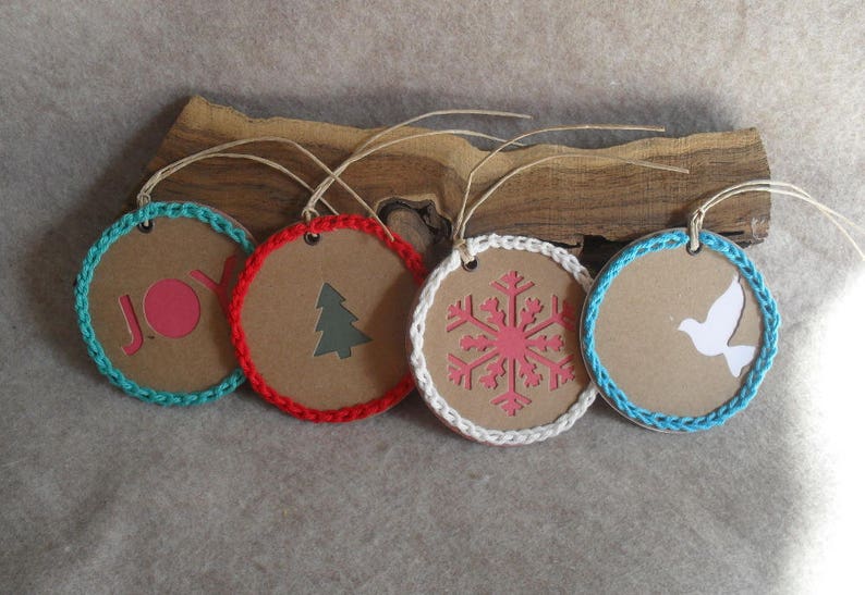 Crochet-edged Round Gift Tags with Tree Snowflake Joy Dove image 0