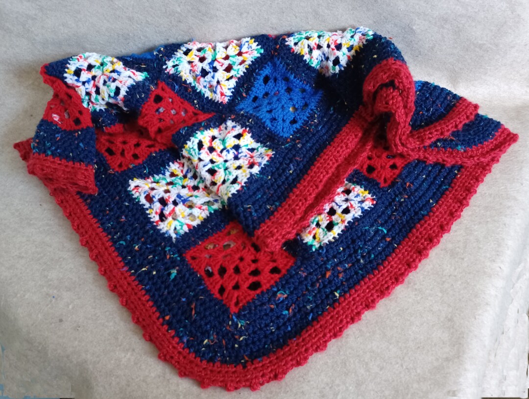 Scrappy Granny Square Lap Blanket Crochet Red White Blue includes