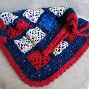 Scrappy granny square Lap Blanket Crochet red white+ blue+ (includes shipping)