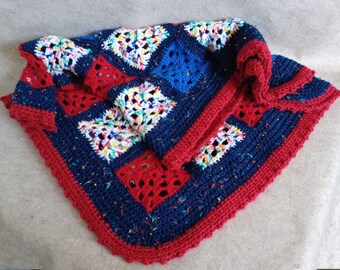 Scrappy granny square Lap Blanket Crochet red white+ blue+ (includes shipping)