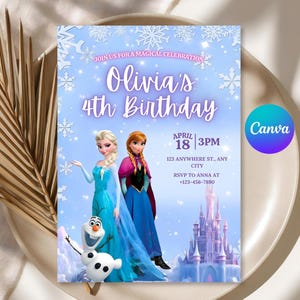 Sjabloon Frozen verjaardagsuitnodiging, Princess Snow-feestuitnodiging (canva bewerkbaar)