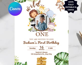 Wild One Birthday Invitation with Photo | Safari Jungle 1st Birthday | Editable Canva Template | Digital Download