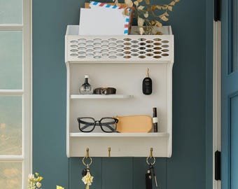 BELLE VOUS Porta Lettere e Chiavi Ingresso Bianco con 8 Ganci - Portalettere Decorativo da Parete - Portachiavi Parete in Legno Rustico per Casa, Ingresso, Corridoio, Soggiorno o Guardaroba