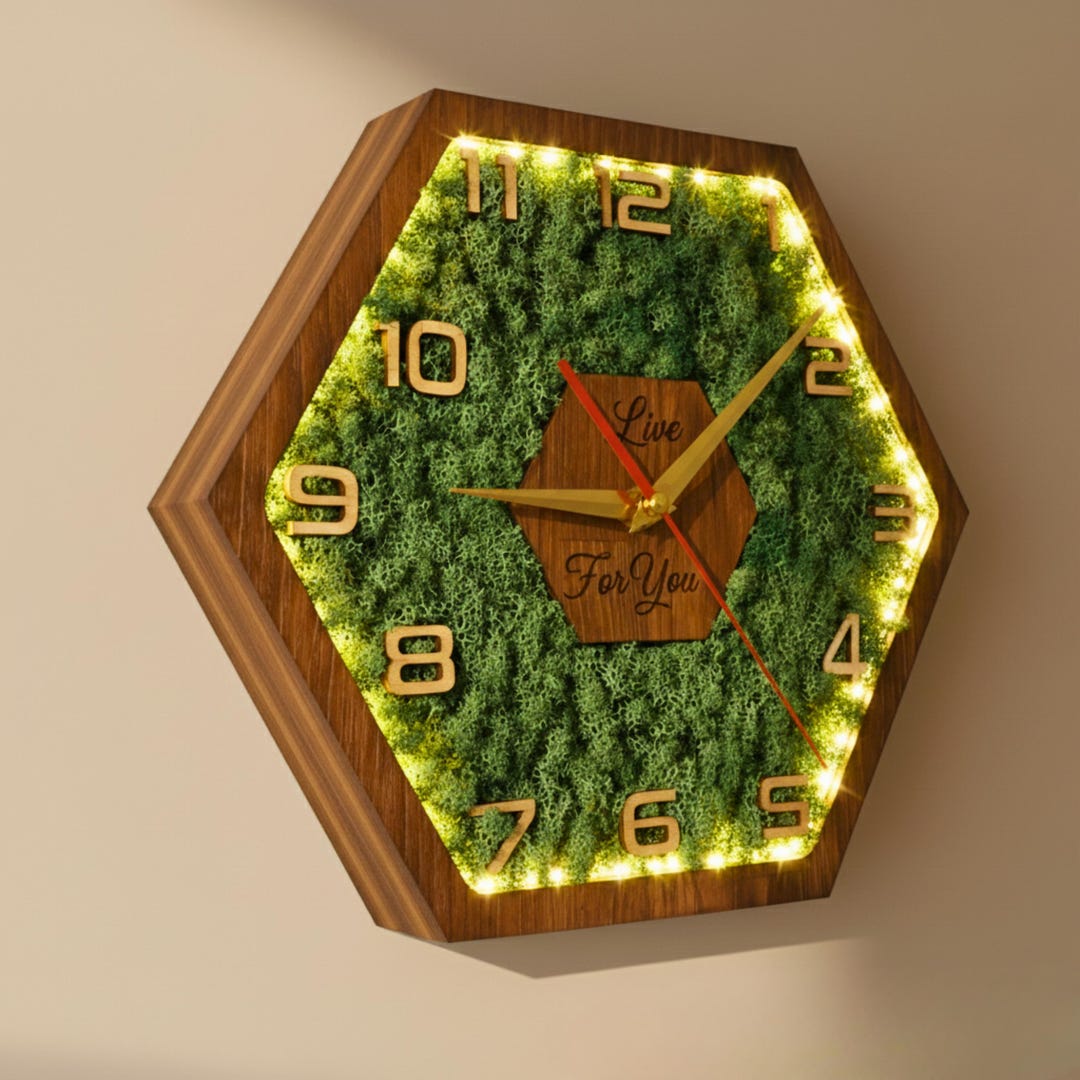 Handmade Moss & Wood Wall Clock – Hexagonal LED Light Custom Engraving ...