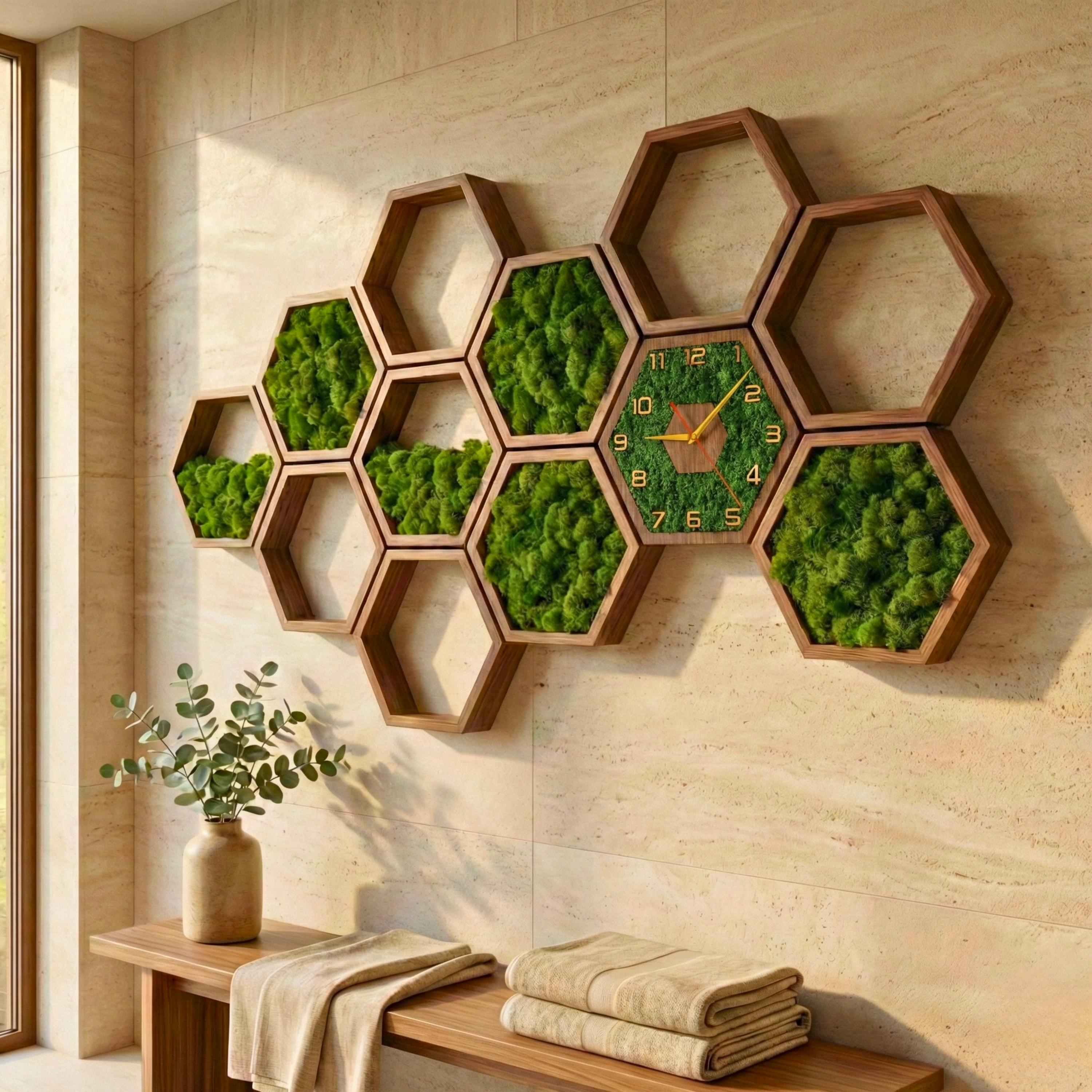 Hexagon Moss Wall Clock Handmade 3D Wood Home Decor Sculpture - Etsy