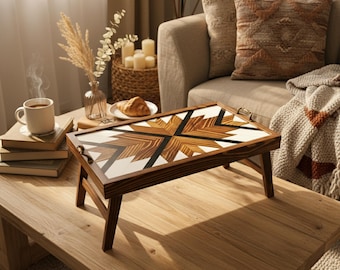 Handmade Walnut Breakfast Tray: Modern Geometric Design