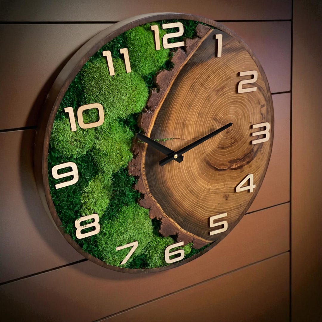 Personalized Moss Wall Clock: Handmade Walnut Wood Natural Decor - Etsy