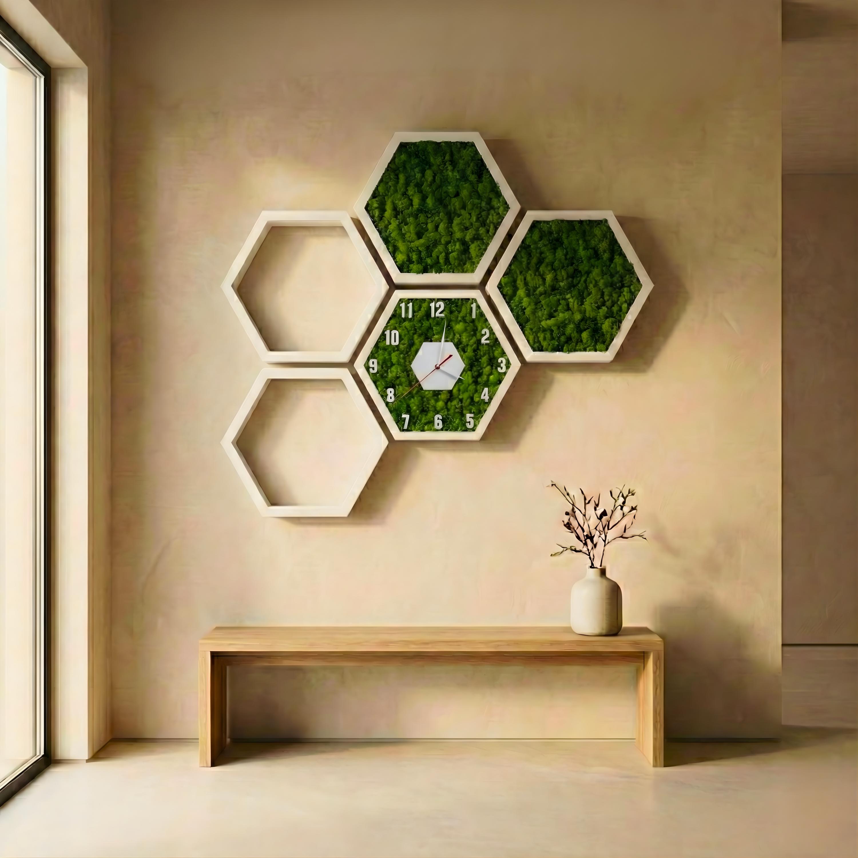 Hexagon Moss Wall Clock Handmade 3D Wood Home Decor Sculpture - Etsy