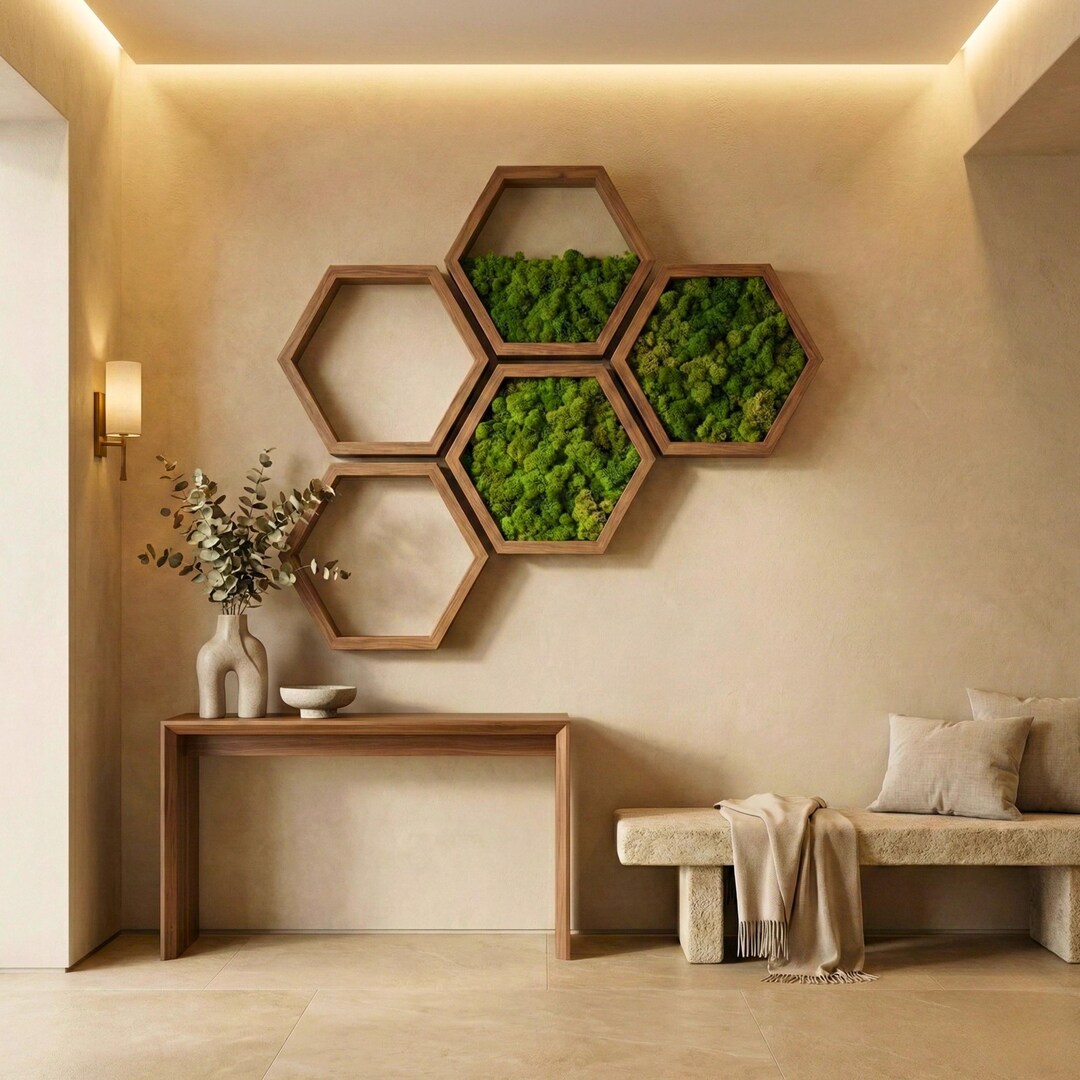 Hexagon Moss Wall Art Handmade 3D Wood Home Decor Custom Size - Etsy